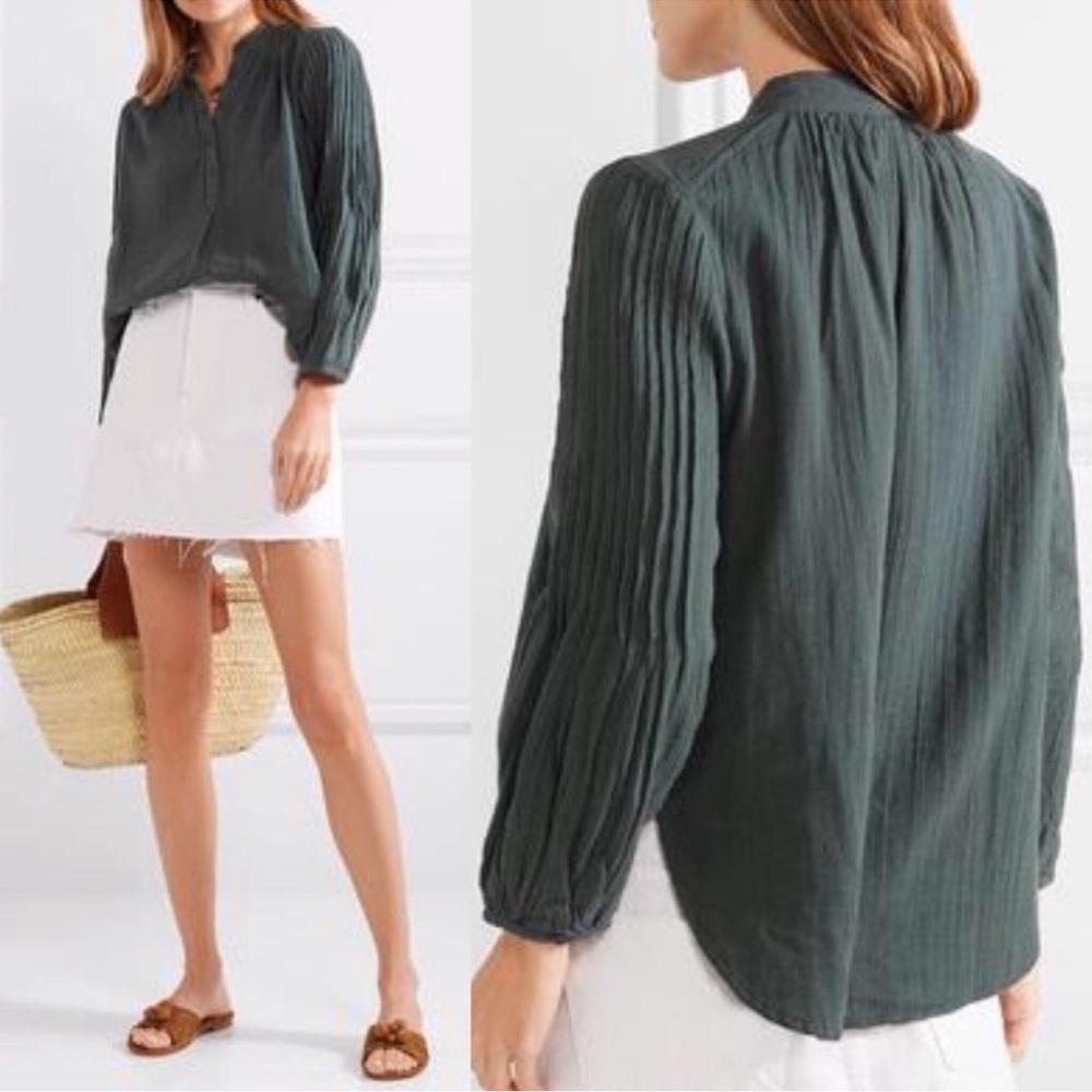 Apiece Apart Olive Dark Green Bravo Pintucked Long Sleeve Top